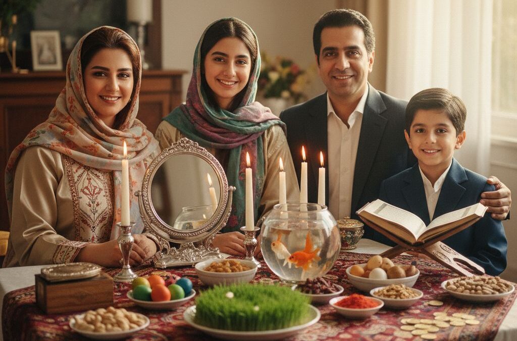 عکس هفت‌سین شخصی از یک خانواده ایرانی کنار سفره نوروز با هفت نماد سنتی