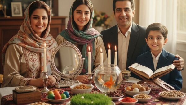 عکس هفت‌سین شخصی از یک خانواده ایرانی کنار سفره نوروز با هفت نماد سنتی
