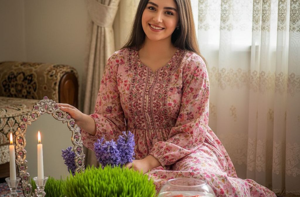پرتره نوروزی دختر جوان کنار سفره هفت‌سین با گل سنبل