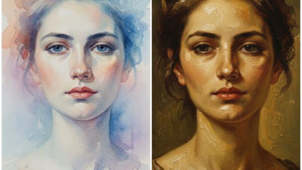 کولاژ افقی از یک پرتره‌ی زنانه با دو سبک نقاشی برای مقایسه رنگ روغن و آبرنگ