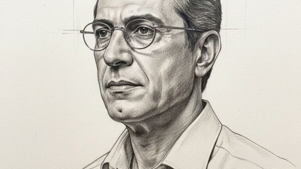 پرتره طرح مدادی از یک معمار با عینک، نیم‌رخ سه‌ربع روی کاغذ دانه‌دار