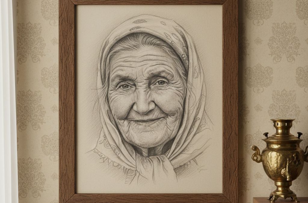 طرح مدادی پرتره سالمند مادربزرگ ۸۰ ساله داخل قاب چوبی گردویی روی دیوار خانه