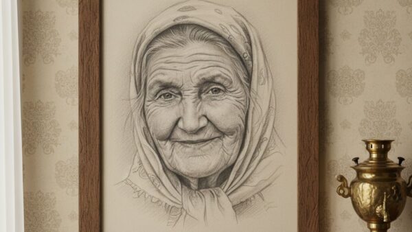طرح مدادی پرتره سالمند مادربزرگ ۸۰ ساله داخل قاب چوبی گردویی روی دیوار خانه