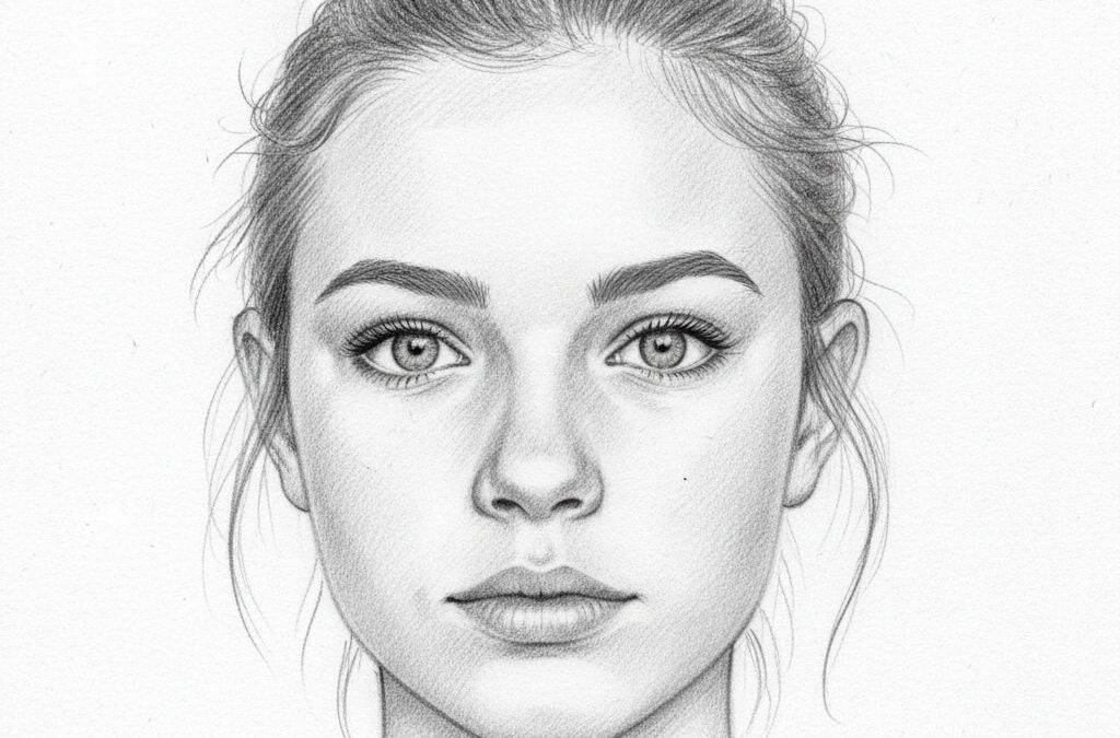 طرح مدادی چهره ساده با سایه‌های نرم روی کاغذ سفید