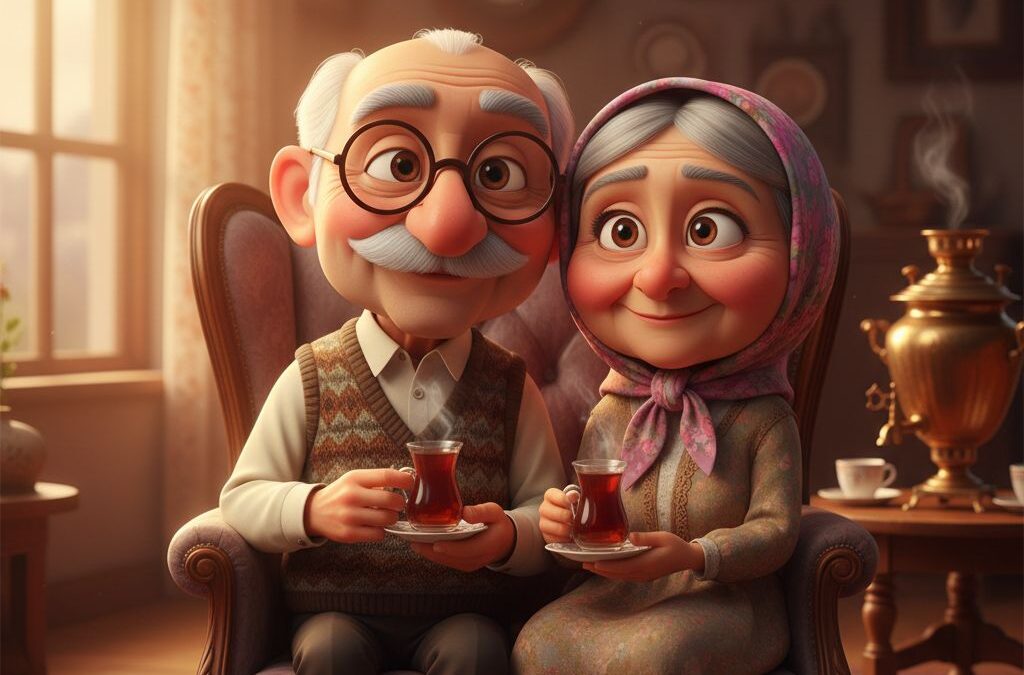 کاراکتر پیکسار پدربزرگ و مادربزرگ ایرانی کنار هم با استکان چای و نور گرم عصرگاهی