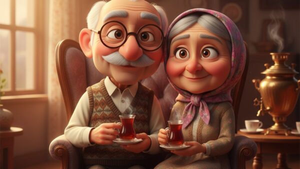 کاراکتر پیکسار پدربزرگ و مادربزرگ ایرانی کنار هم با استکان چای و نور گرم عصرگاهی