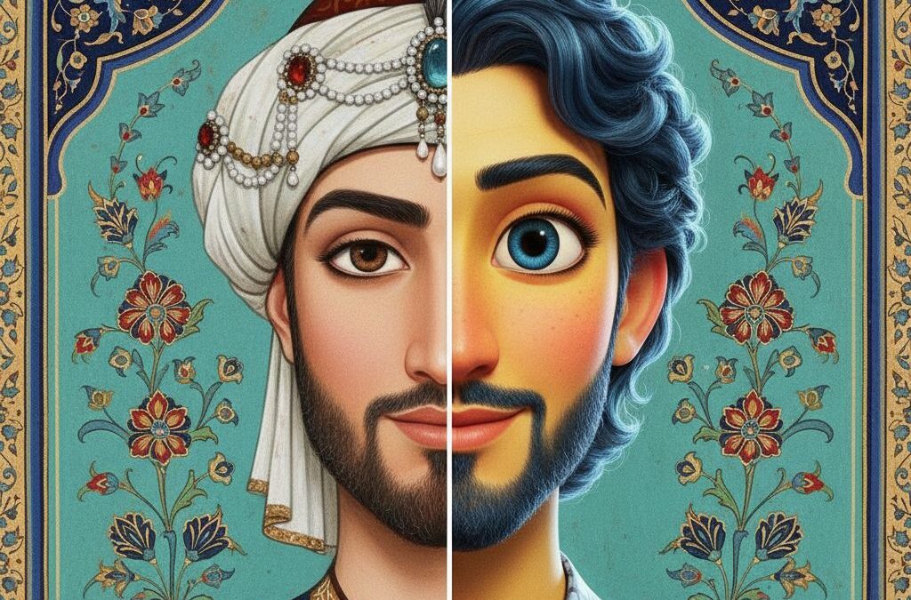 کولاژ افقی مقایسه پیکسار و نگارگری ایرانی روی چهره مردانه