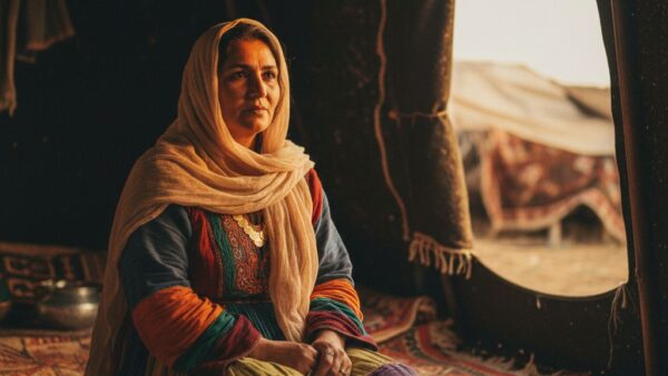 پرتره قشقایی در چادر عشایری با لباس هفت‌رنگ و نور طبیعی