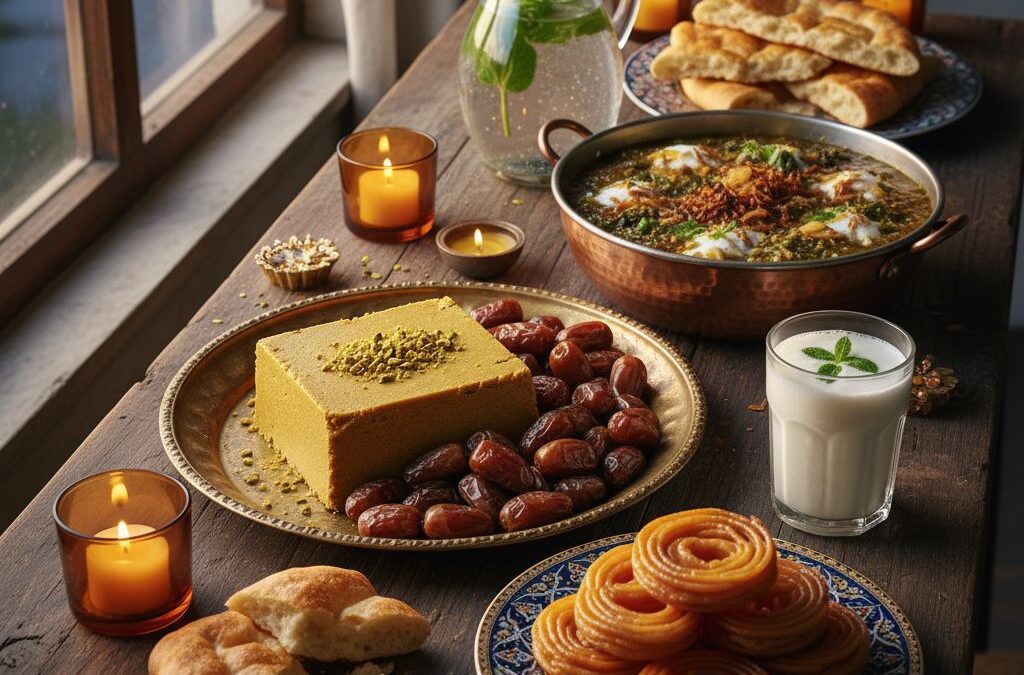 عکس افطار خانوادگی طلایی — سفره‌ی چوبی با شمع