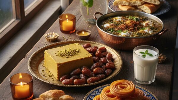 عکس افطار خانوادگی طلایی — سفره‌ی چوبی با شمع