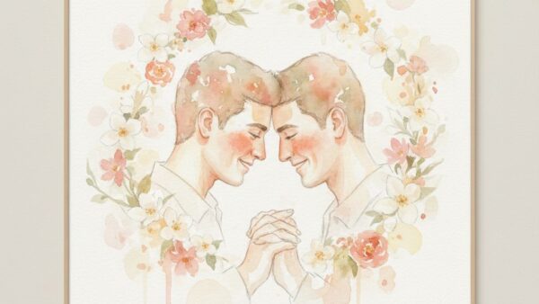پرتره آبرنگ زوج نامزدی با هاله گل رز و یاس