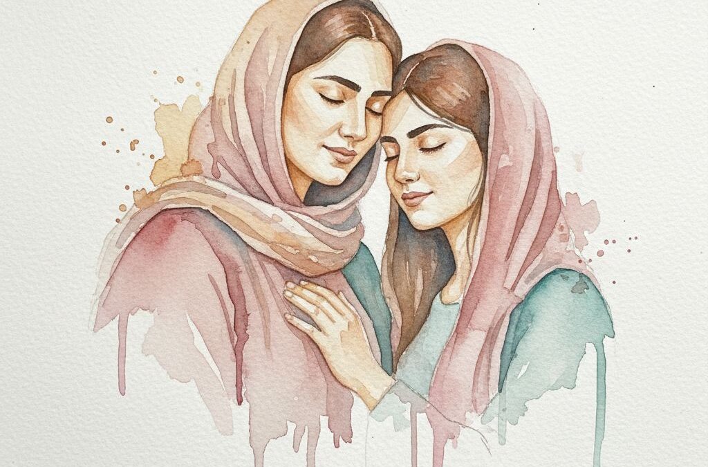 پرتره آبرنگ مادر و دختر ایرانی در آغوش یکدیگر با رنگ‌های پاستلی نرم و لبه‌های محو — تصویر شاخص راهنمای فیلتر آبرنگ سیما