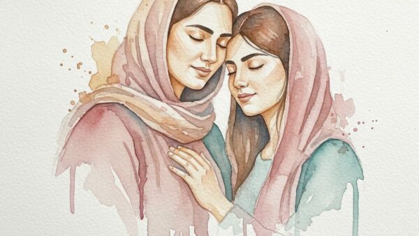 پرتره آبرنگ مادر و دختر ایرانی در آغوش یکدیگر با رنگ‌های پاستلی نرم و لبه‌های محو — تصویر شاخص راهنمای فیلتر آبرنگ سیما
