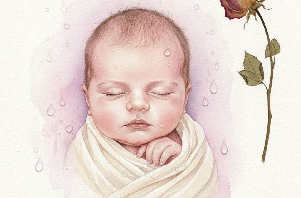 پرتره آبرنگ نوزاد تولد خوابیده در پارچه کرم
