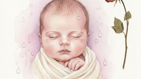 پرتره آبرنگ نوزاد تولد خوابیده در پارچه کرم