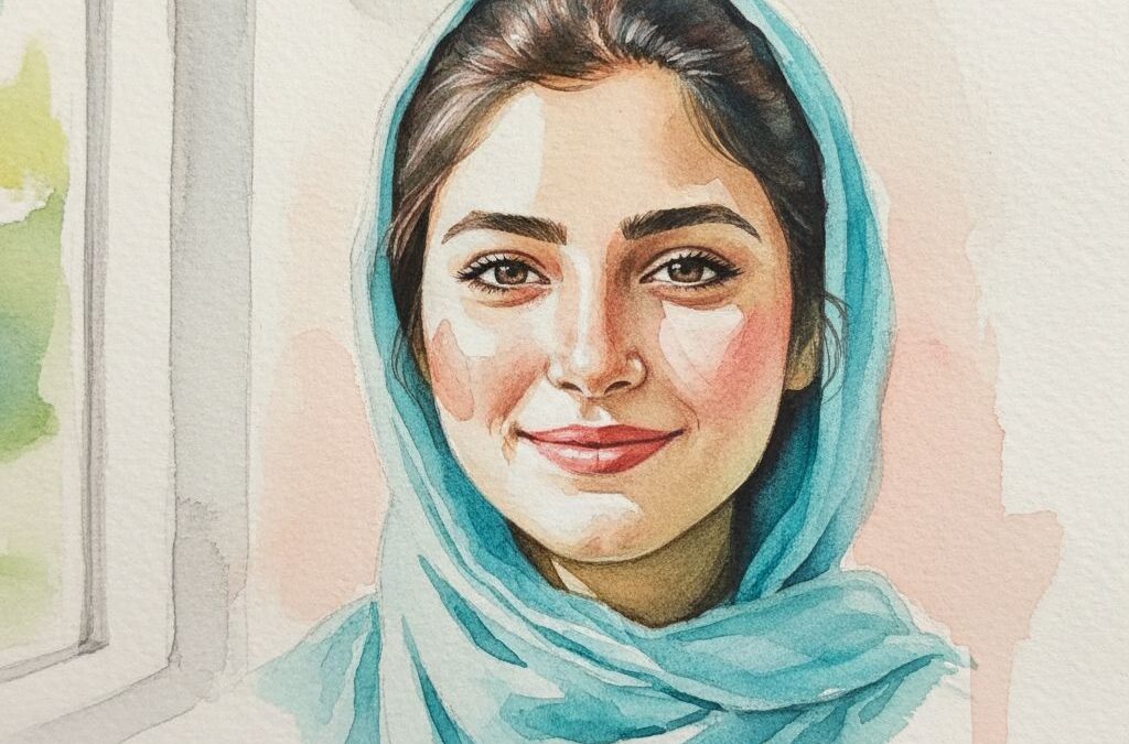 پرتره آبرنگ کلاسیک ایرانی از عکس شخصی با لبه‌های نرم رنگی