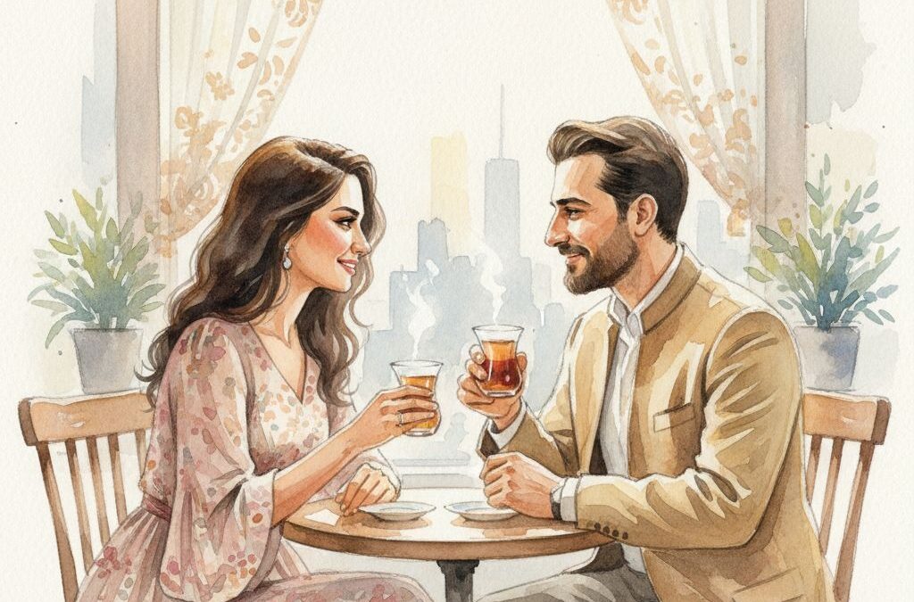 پرتره آبرنگ عاشقانه دو نفره در حال نوشیدن چای با نور نرم پنجره