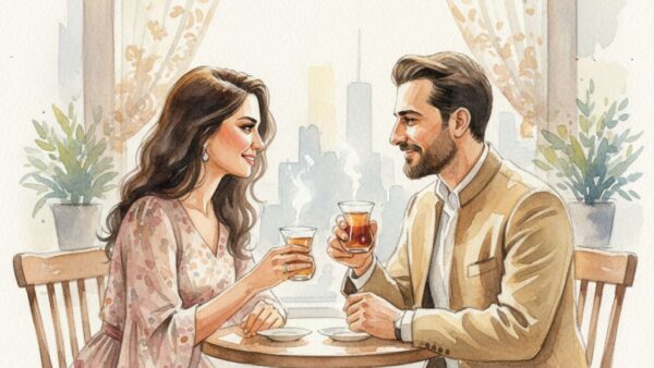 پرتره آبرنگ عاشقانه دو نفره در حال نوشیدن چای با نور نرم پنجره
