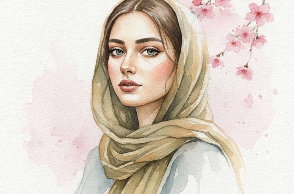 پرتره آبرنگ بهاری یک زن جوان با شکوفه‌های صورتی و سفید در پس‌زمینه روی کاغذ دانه‌درشت