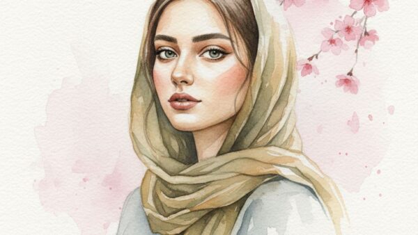 پرتره آبرنگ بهاری یک زن جوان با شکوفه‌های صورتی و سفید در پس‌زمینه روی کاغذ دانه‌درشت