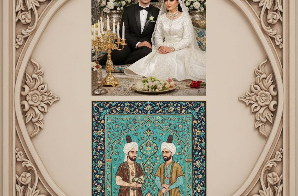 کولاژ عمودی آلبوم عروسی سنتی و نگارگری: بالا سفره‌ی عقد ایرانی، پایین نگاره‌ی ظریف با تذهیب طلایی
