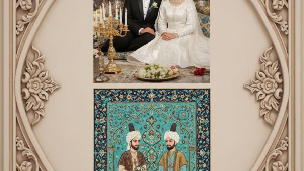 کولاژ عمودی آلبوم عروسی سنتی و نگارگری: بالا سفره‌ی عقد ایرانی، پایین نگاره‌ی ظریف با تذهیب طلایی
