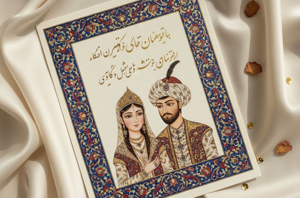 کارت دعوت عروسی هنری با پرتره مینیاتوری عروس و داماد و خوشنویسی نستعلیق طلایی