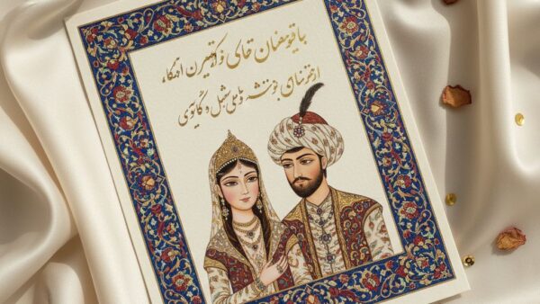 کارت دعوت عروسی هنری با پرتره مینیاتوری عروس و داماد و خوشنویسی نستعلیق طلایی