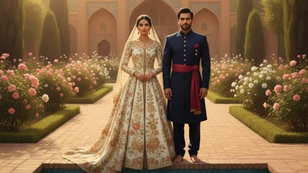 پرتره عروس و داماد ایرانی در باغ سنتی با حوض کاشی‌کاری و نور طلایی غروب