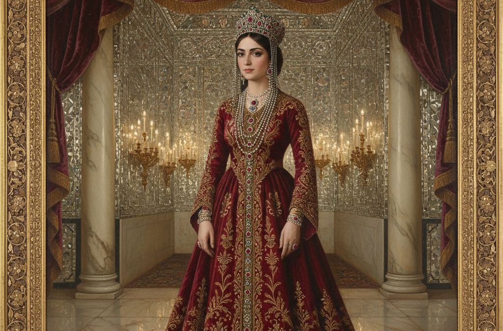 عکس عروسی قاجاری عروس با لباس زرشکی و تاج جواهرنشان در تالار آینه کاخ گلستان