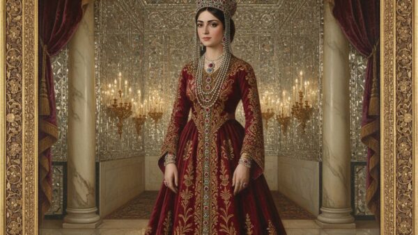 عکس عروسی قاجاری عروس با لباس زرشکی و تاج جواهرنشان در تالار آینه کاخ گلستان