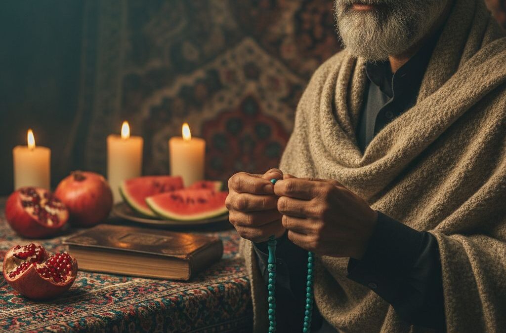 پرتره مرد ایرانی با تسبیح فیروزه در شب چله کنار میز کرسی و انار یلدا