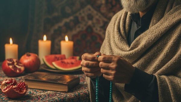 پرتره مرد ایرانی با تسبیح فیروزه در شب چله کنار میز کرسی و انار یلدا