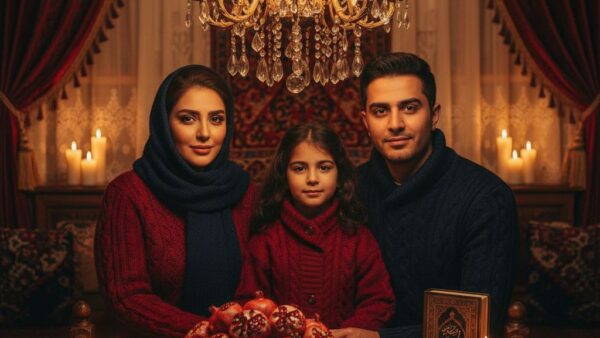 پرتره خانوادگی شب یلدا کنار کرسی با بشقاب انار و هندوانه