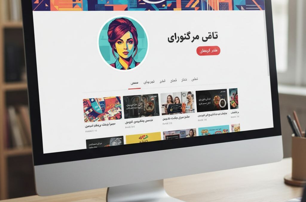 ماکاپ ادیتوریال صفحه کانال یوتیوب فارسی با آواتار دایره‌ای پاپ‌آرت و بنر رنگی