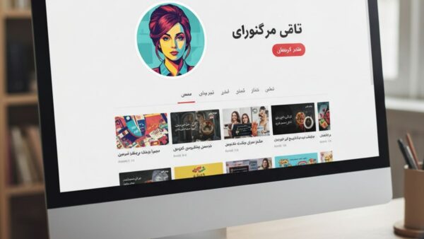 ماکاپ ادیتوریال صفحه کانال یوتیوب فارسی با آواتار دایره‌ای پاپ‌آرت و بنر رنگی